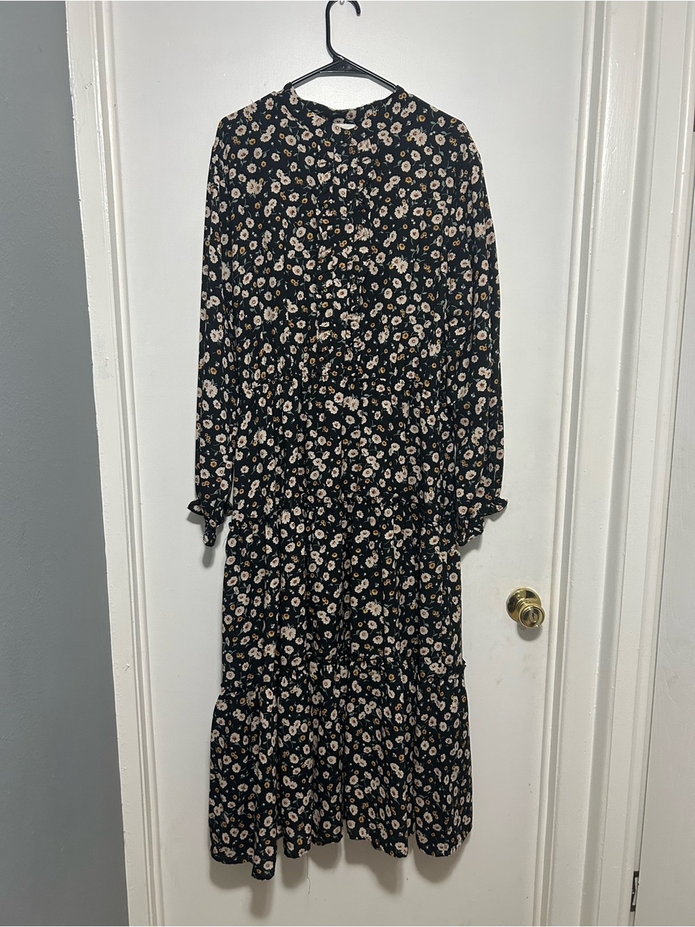 Hayden Black Floral Long-Sleeve Tiered Midi Dress